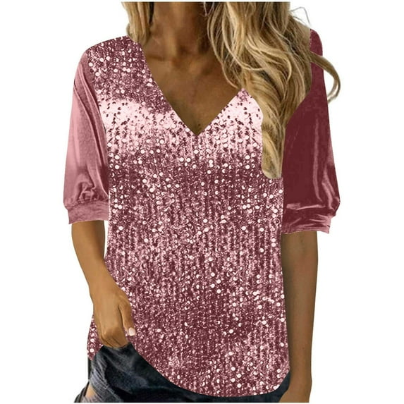Kovlvoll Plus Size Tops for Women Sequined Velvet Patchwork V Neck Short Sleeve Shirt Summer Solid Color Fashion Blouse