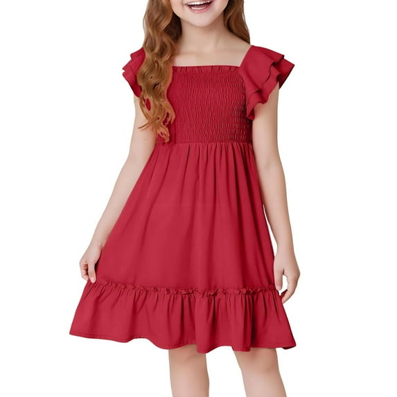 Kovlvoll Summer Dress Girls Clothes Ruffled Short Sleeve Pleated Square Neck A-Line Fashion Dresses for Middle Girl