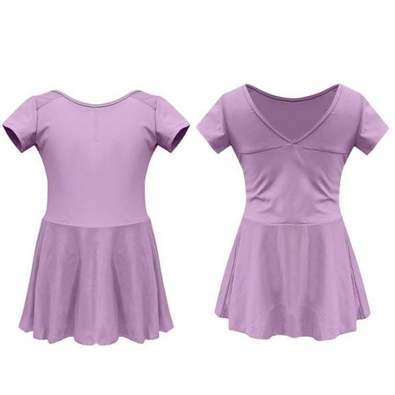Kovlvoll Summer Girls Dance Dress Short Sleeve Crewneck Solid Color Lightweight Practice Suit Dance Skirt for Child Girl