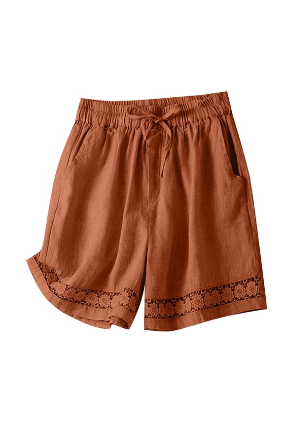 Summer Shorts for Women Plus Size Elastic Waisted Drawstring Lace Patchwork Wide Leg Cotton Linen Thin Shorts