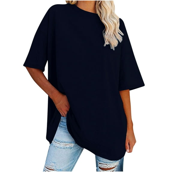 Kovlvoll Summer Tops for Women Crewneck Short Sleeve T-Shirts Casual Solid Color Oversized Basic Tees Top