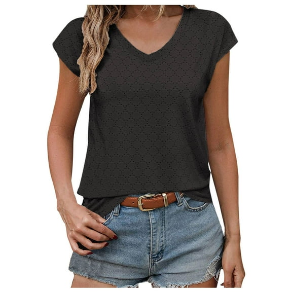 Kovlvoll Summer Tops for Women Eyelet Casual V Neck Short Sleeve Shirts Loose Solid Color Fashion Tunic Top Blouses