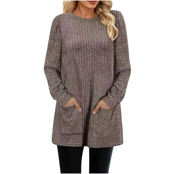 Kovlvoll Sweaters for Women Ribbed Knit Tunic Tops Crewneck Long Sleeve Shirts Fall Pullover Sweater with Pockets
