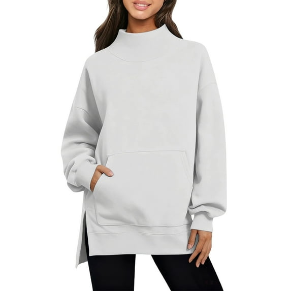 Kovlvoll Sweatshirts for Women Long Sleeve High Neck Hem Side Split Loose Casual Fall Pullover Sweatshirt with Pockets
