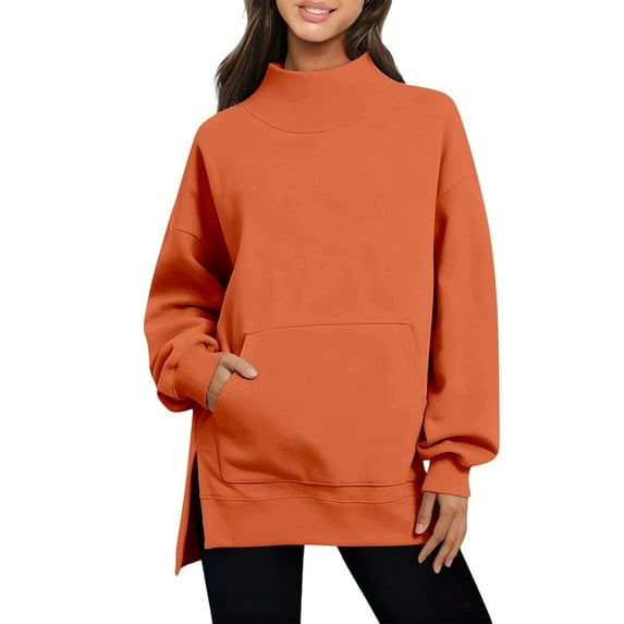 Kovlvoll Sweatshirts for Women Long Sleeve High Neck Hem Side Split Loose Casual Fall Pullover Sweatshirt with Pockets