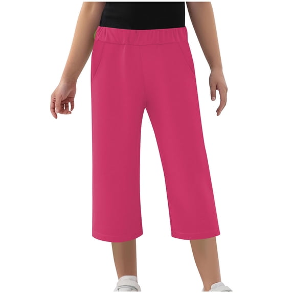 Kovlvoll Teen Girls Capris Pants Elastic Waisted Straight Leg Pant Loose Casual Children Girl Cropped Trousers with Pockets 4-14 Years