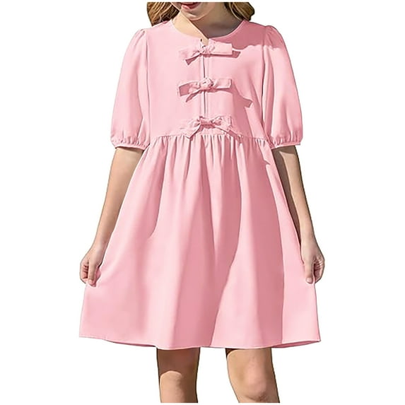 Kovlvoll Teen Girls' Dress Summer Fashion Solid Color Pleated Back Button Short Sleeve Round Neck Knee Length Dresses