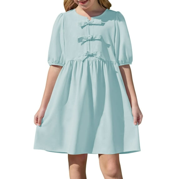 Kovlvoll Teen Girls' Dress Summer Fashion Solid Color Pleated Back Button Short Sleeve Round Neck Knee Length Dresses