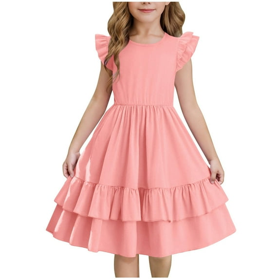 Kovlvoll Teen Girls Summer Dress Fashion Clothes Ruffle Short Sleeve Round Neck Solid Color Child Girl Dresses