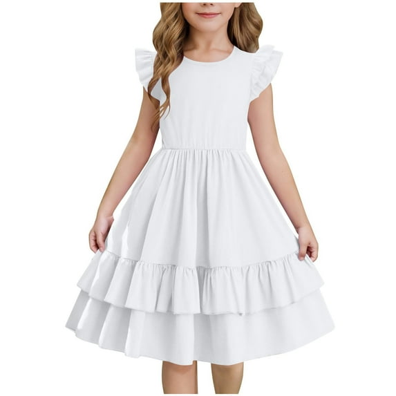 Kovlvoll Teen Girls Summer Dress Fashion Clothes Ruffle Short Sleeve Round Neck Solid Color Child Girl Dresses