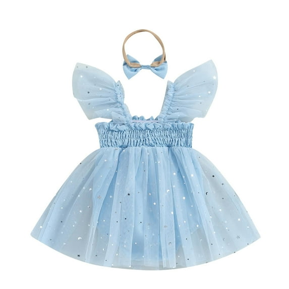 Kovlvoll Toddler Baby Girl Tulle Dress Ruffle Shoulder Sleeveless Mesh Pleated Cute Fashion Short Dresses with Headband