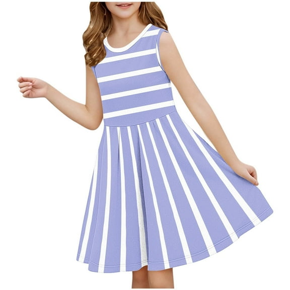 Kovlvoll Toddler Girls' Dress Summer Clothes Sleeveless Round Neck Striped Dresses 3-14 Years
