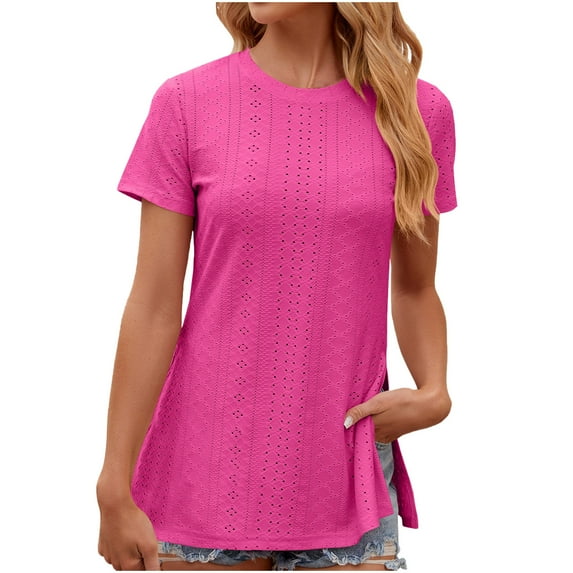 Kovlvoll Tops for Women Crewneck Short Sleeve Hem Side Split Loose T-Shirt Summer Casual Eyelet Tunic Top