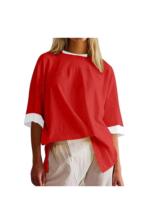 Tops for Women Crewneck Short Sleeve Oversized Color Block T Shirt Split Hem Shirt Casual Loose Summer Tee Top