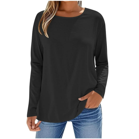 Kovlvoll Tops for Women Trendy Crew Neck Long Sleeve T-Shirts Loose Casual Solid Color Basic Tees Top