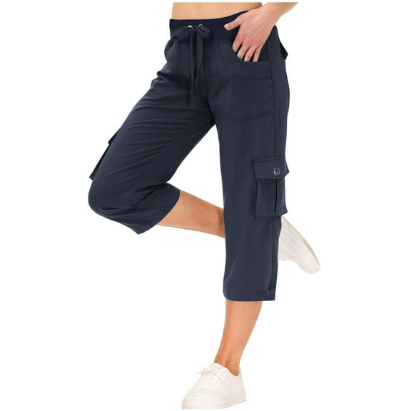 Kovlvoll Women Capris Pants Elastic Drawstring High Waist Wide Leg Pant Summer Baggy Casual Cargo Trousers with Pockets