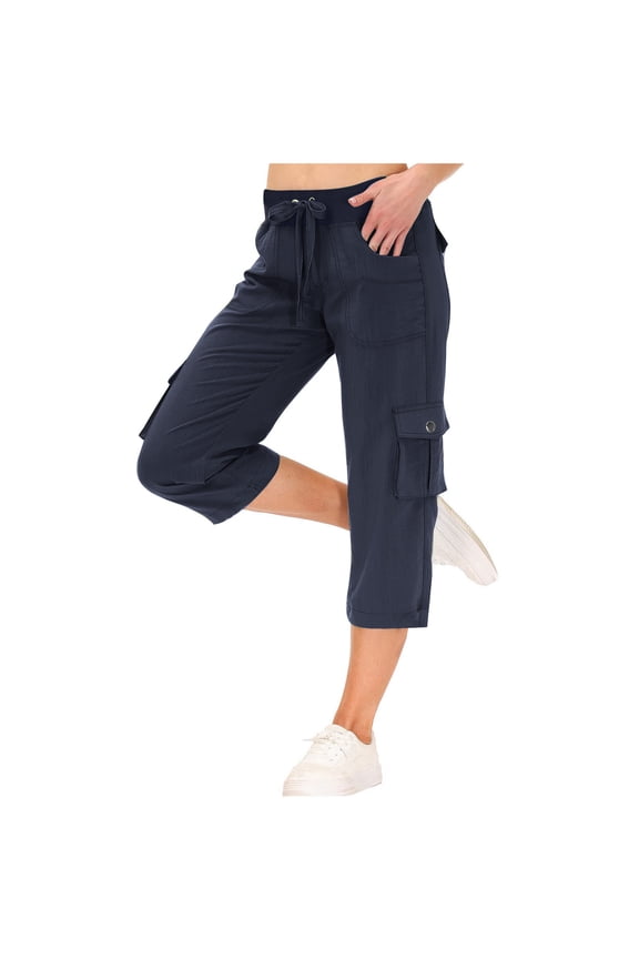Women Capris Pants Elastic Drawstring High Waist Wide Leg Pant Summer Baggy Casual Cargo Trousers with Pockets