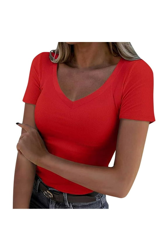 Women Short Sleeve Tops Crewneck Ribbed Knit Stretchy Slim Fitted Shirts Summer 2025 Basic Tees