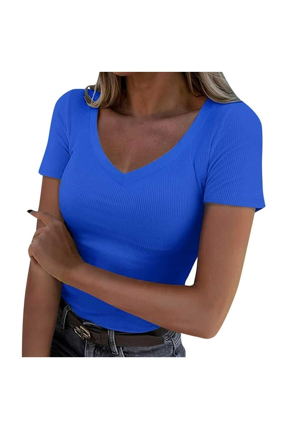 Women Short Sleeve Tops Crewneck Ribbed Knit Stretchy Slim Fitted Shirts Summer 2025 Basic Tees