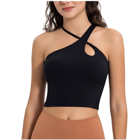 Kovlvoll Women Sports Bras for Women No Underwire Solid Color Removable Padded Irregular Sling Sport Tank Longline Bra