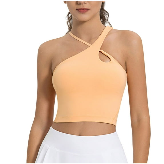 Kovlvoll Women Sports Bras for Women No Underwire Solid Color Removable Padded Irregular Sling Sport Tank Longline Bra