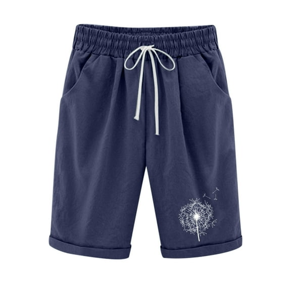 Kovlvoll Women's Shorts Summer Loose Lounge Printing Elastic Waist Drawstring Wide Leg Knee Shorts with Pockets