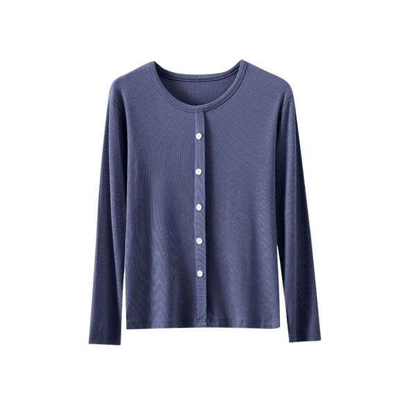 Kovlvoll Women's Tops Crewneck Long Sleeve Button down Shirts Cotton Comfy Casual Homewear Pajamas Top