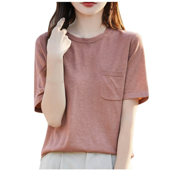 Kovlvoll Women's Tops Crewneck Short Sleeve T-Shirts Loose Casual Lightweight Comfy Solid Color Top with Pockets