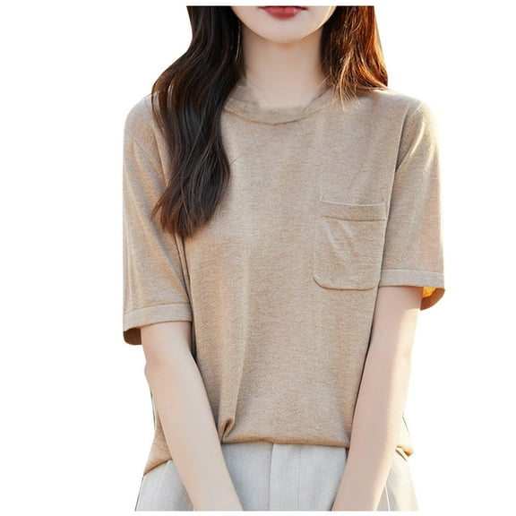 Kovlvoll Women's Tops Crewneck Short Sleeve T-Shirts Loose Casual Lightweight Comfy Solid Color Top with Pockets