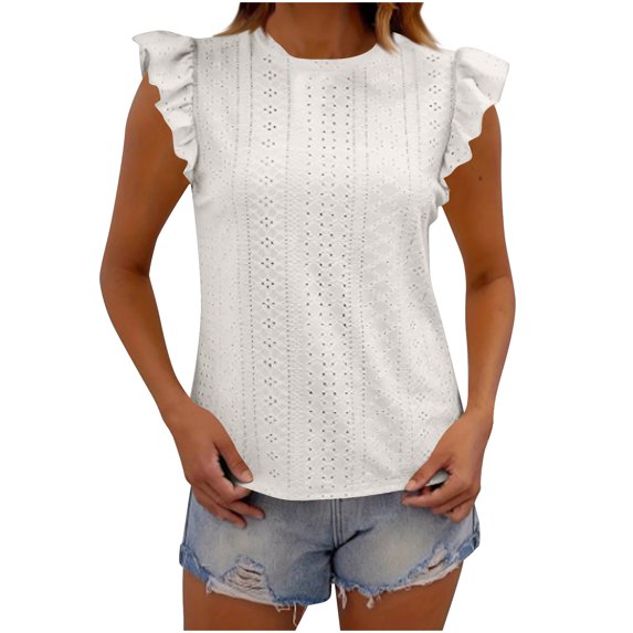 Kovlvoll Women's Tops Summer Eyelet Solid Color Crew Neck Ruffle Short Sleeve Loose Casual Top T-Shirt