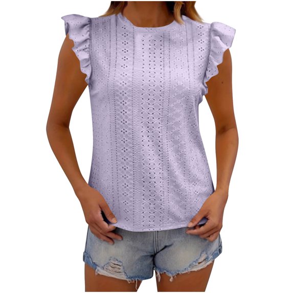 Kovlvoll Women's Tops Summer Eyelet Solid Color Crew Neck Ruffle Short Sleeve Loose Casual Top T-Shirt