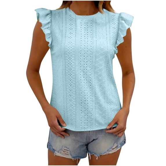 Kovlvoll Women's Tops Summer Eyelet Solid Color Crew Neck Ruffle Short Sleeve Loose Casual Top T-Shirt