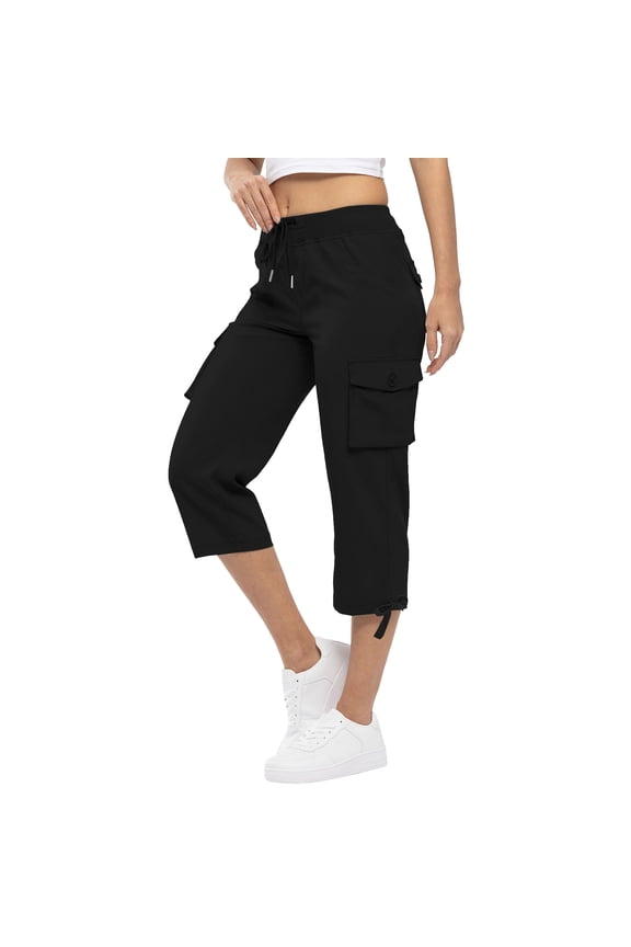 Womens Capri Pants Straight Leg Workout Cargo Pant Elastic Drawstring High Waist Casual Athletic Hiking Capris with Pockets