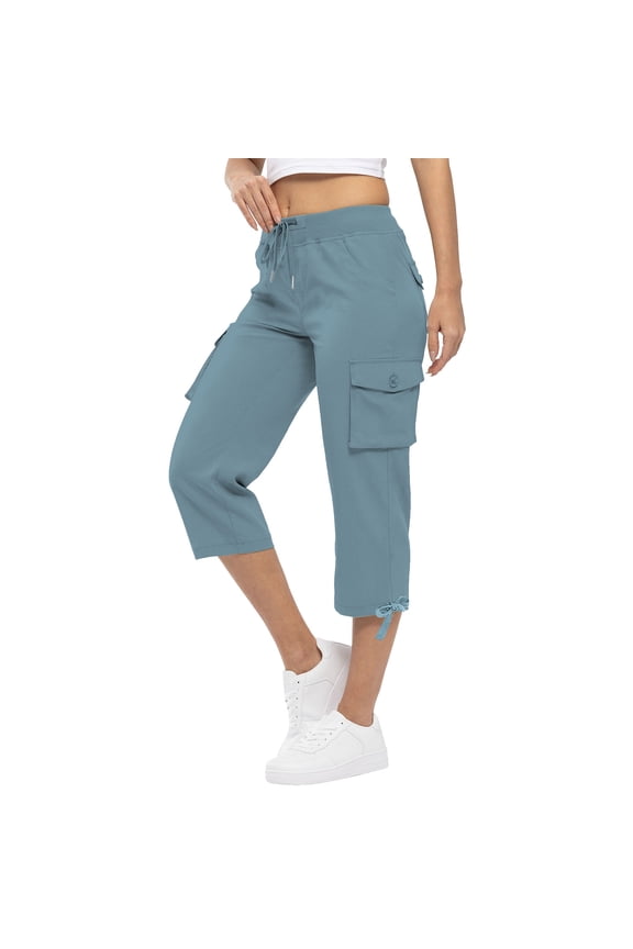Womens Capri Pants Straight Leg Workout Cargo Pant Elastic Drawstring High Waist Casual Athletic Hiking Capris with Pockets