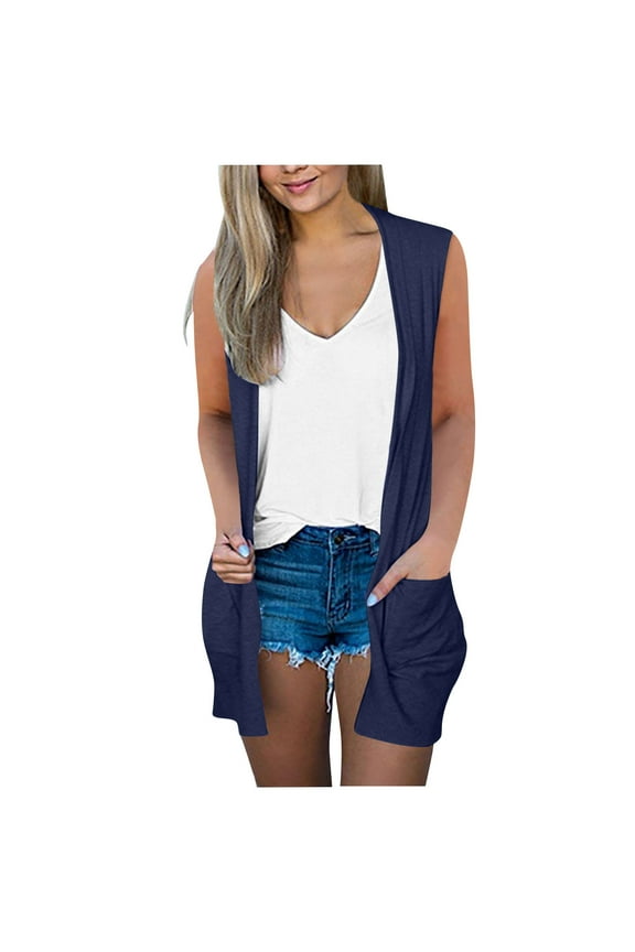Womens Cardigan Summer Lightweight Long Vests Sleeveless Open Front Casual Outdoor Jacket Tops with Pockets