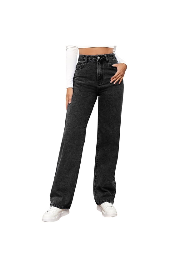 Womens Jeans Wide Leg Pants Casual Solid Color High Waisted Fashion Denim Trousers with Pockets