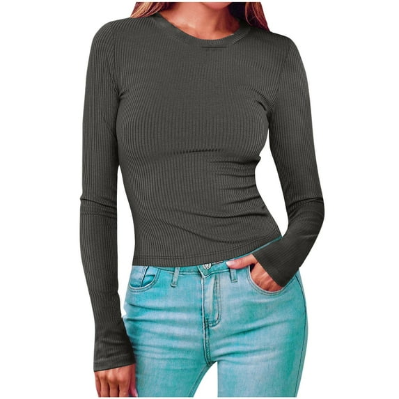 Kovlvoll Womens Long Sleeve Tops Crewneck Ribbed Knit T Shirts Basic Slim Fitting Solid Color Blouses