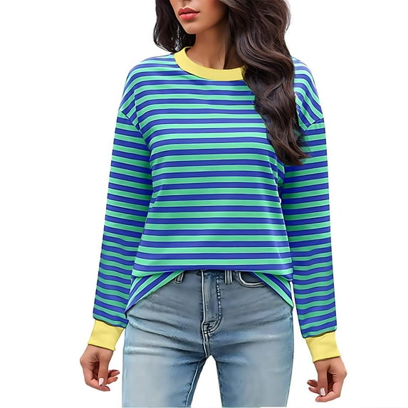 Kovlvoll Womens Long Sleeve Tops Striped Crewneck Loose Casual Soft Lightweight Fall Blouses Tunic Top