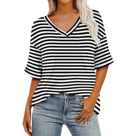 Kovlvoll Womens Oversized T Shirts Workout Striped V Neck Short Sleeve Tops Casual Loose Basic Tees Summer Outfits