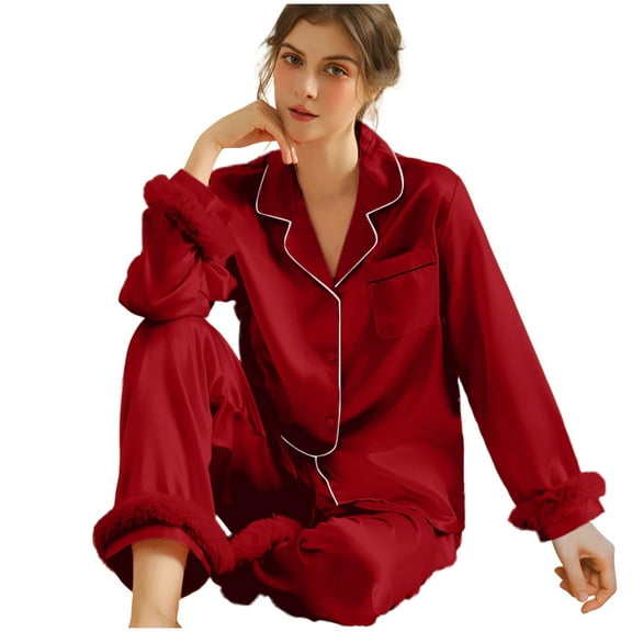 Kovlvoll Womens Pajama Sets Long Sleeve Button down Shirts with Pockets Wide Leg Pants Lightweight Comfy Homewear 2 Piece Outfits