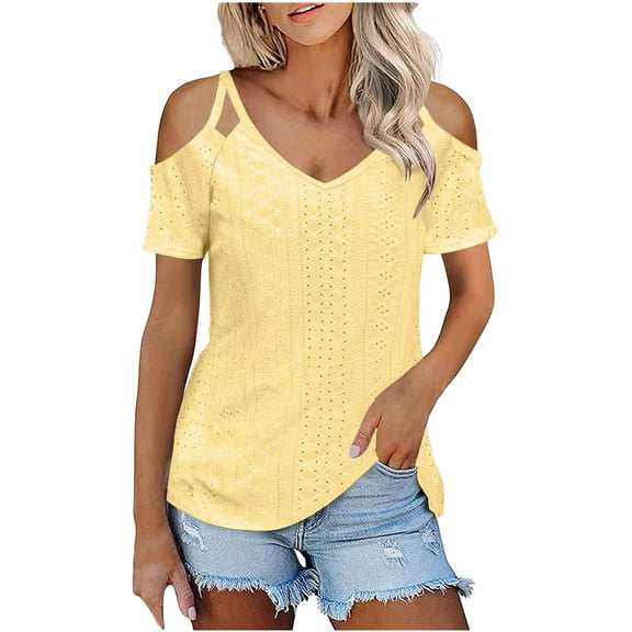 Kovlvoll Womens Plus Size Tops off Shoulder Short Sleeve V Neck Eyelet Shirts Summer Casual Comfy Tees Top