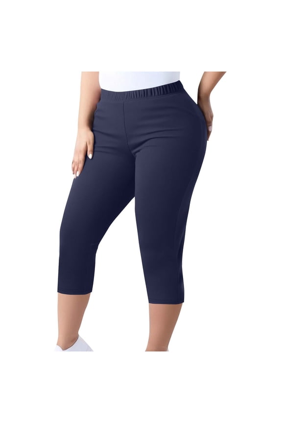 Womens Plus Size Yoga Pants Capris Solid Color Elastic Waist Casual Athletic Yoga Leggings