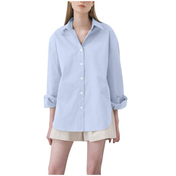 Kovlvoll Womens Shirts Long Sleeve Lapel Collared Button down Shirt Loose Casual Lightweight Comfy Solid Color Tops