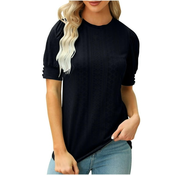 Kovlvoll Womens Short Sleeve Tops Summer Eyelet Crew Neck Solid Color Loose Casual Top T-Shirts