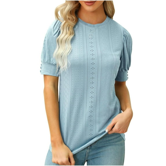 Kovlvoll Womens Short Sleeve Tops Summer Eyelet Crew Neck Solid Color Loose Casual Top T-Shirts