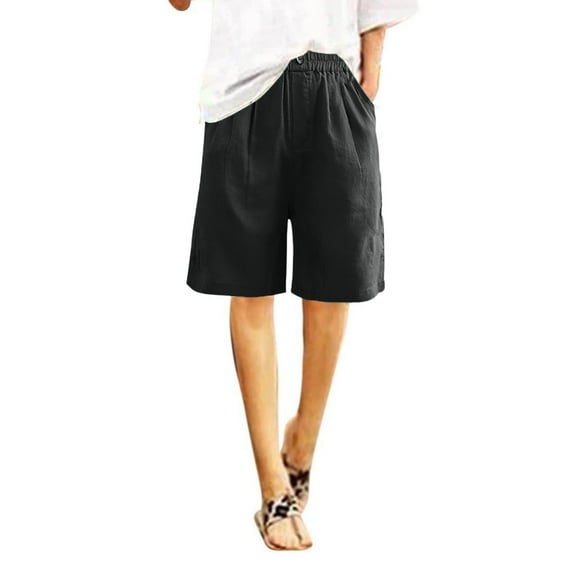 Kovlvoll Womens Shorts Half Pants Plus Size Summer Cotton Linen Comfy Elastic Waist Wide Leg Baggy Lounge Knee Shorts