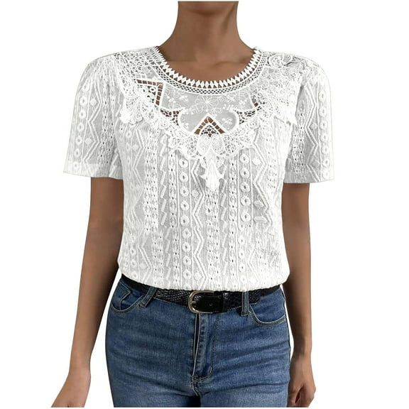 Kovlvoll Womens Summer Short Sleeve Tops Lace Patchwork Crew Neck T-Shirt Summer Eyelet Casual Comfy Blouse