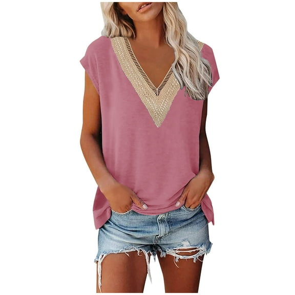 Kovlvoll Womens Summer Tops V-Neck Lace Patchwork Short Sleeve Shirts Loose Dressy Casual Top Blouse