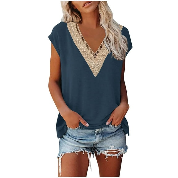 Kovlvoll Womens Summer Tops V-Neck Lace Patchwork Short Sleeve Shirts Loose Dressy Casual Top Blouse