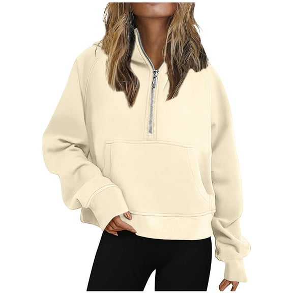 Kovlvoll Womens Sweatshirts Half Zip up Cropped Hoodies Solid Color Loose Casual Fall Pullover Tops with Pockets